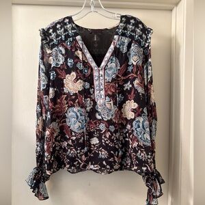 Hale Bob Womens  Vneck Floral Print Ruffle Pullover Tie Neck Boho L